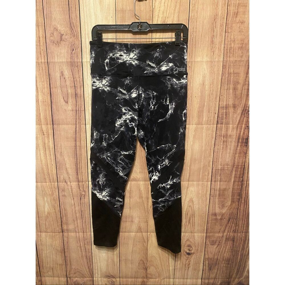 Victoria’s Secret PINK L Ultimate leggings cropped black white mesh active wear
